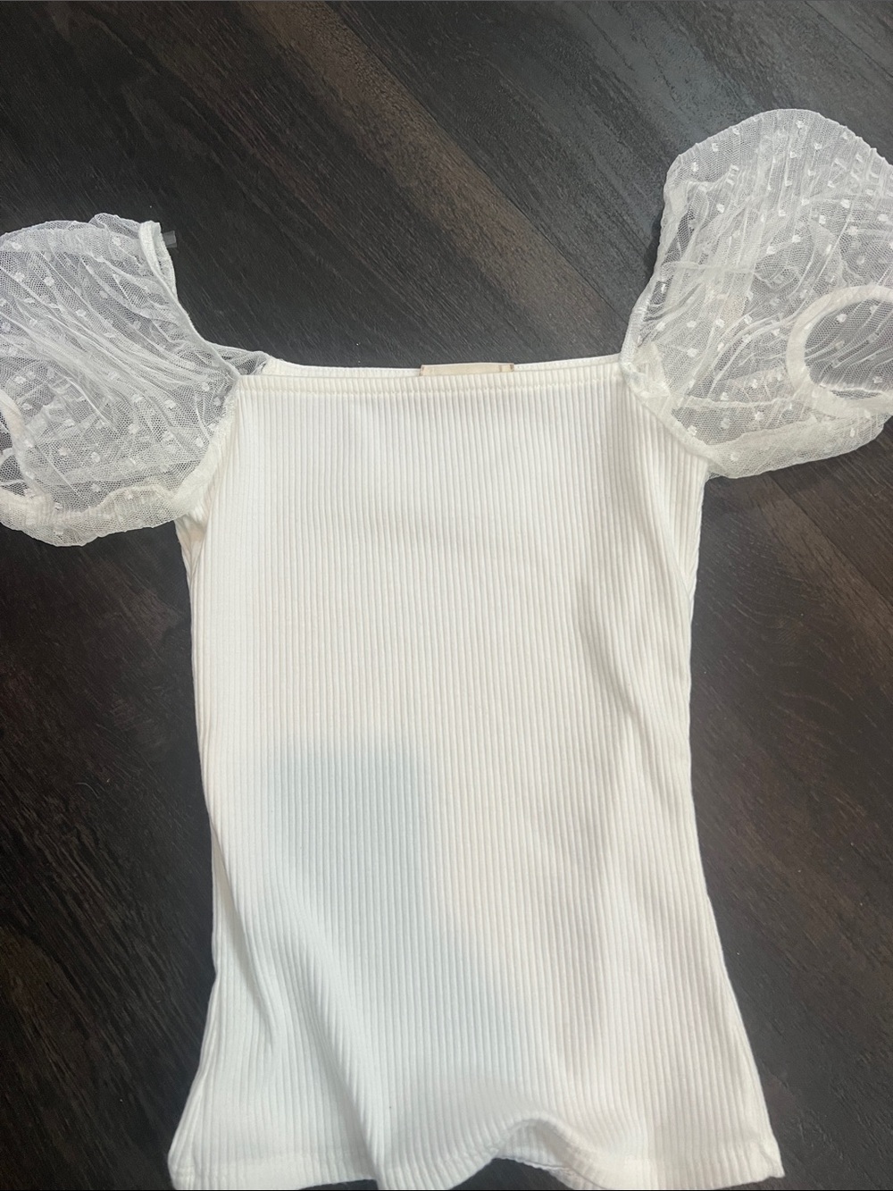 AltaWhite Ribbed Top with Sheer Puff Dot Sleeves
